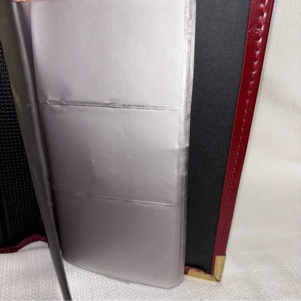 Vintage Trifold Cranberry Leather Address Card Slot Note Binder Gold Accents